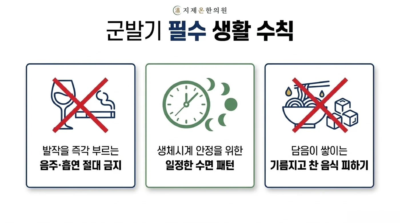 음주와 흡연 금지, 일정한 수면 패턴 유지, 기름지고 찬 음식 피하기 등 군발기에 지켜야 할 생활 수칙