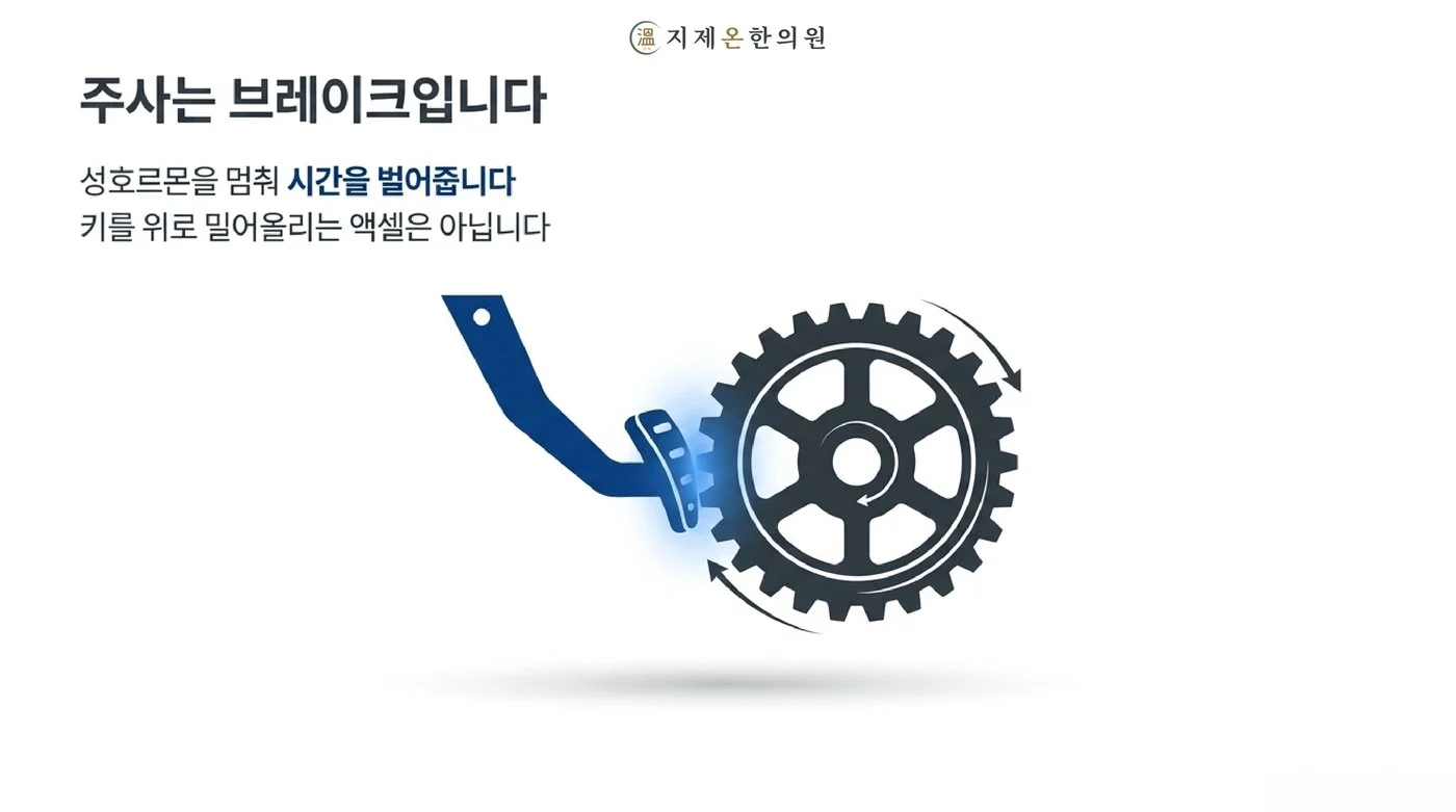 억제 주사는 성호르몬을 멈춰 시간을 벌어 주는 브레이크이지 키를 위로 밀어 올리는 액셀은 아니라는 설명