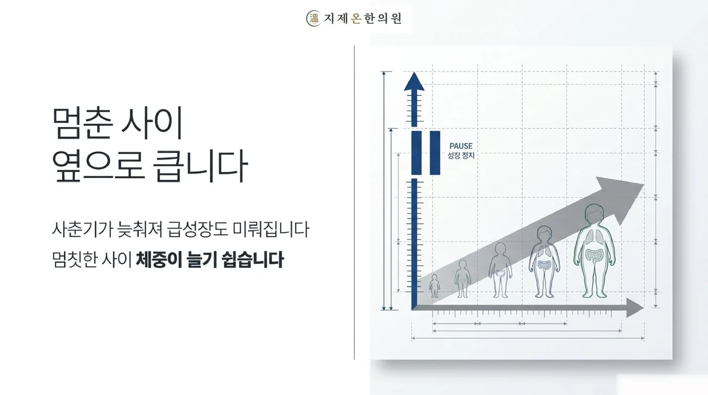 사춘기가 늦춰져 급성장이 미뤄지는 사이 키는 멈칫하고 체중이 늘기 쉬운 성장 그래프