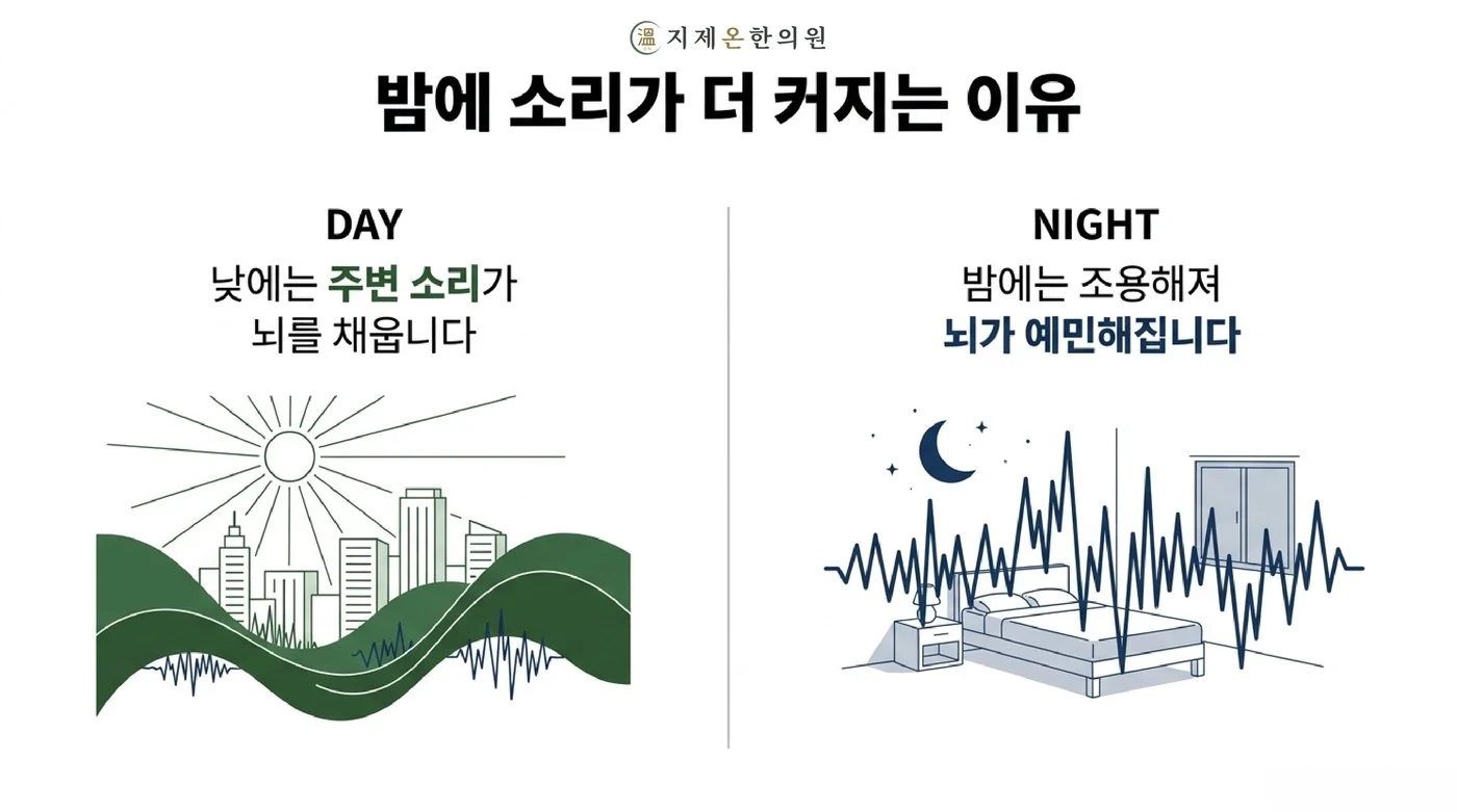 낮에는 주변 소리가 뇌를 채우지만 밤에는 조용해져 뇌가 예민해지며 소리가 더 크게 들리는 비교
