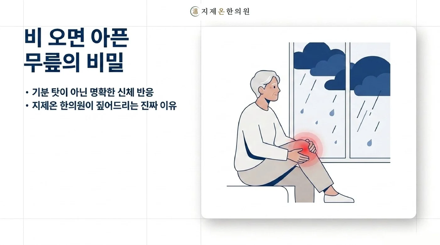 비 오는 날 창가에 앉아 시큰거리는 무릎을 감싸 쥔 노년 남성, 날씨에 따라 심해지는 관절 통증