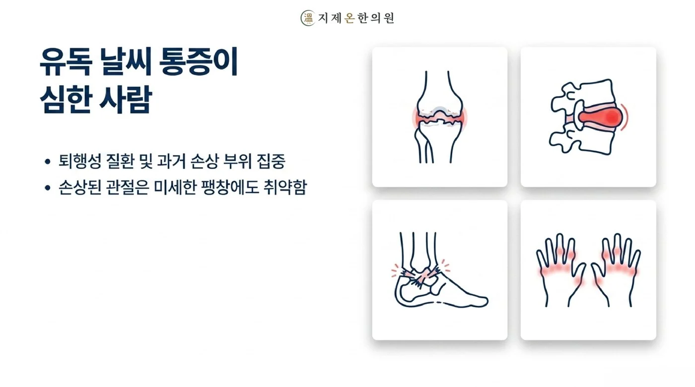 퇴행성 무릎 관절염, 허리 디스크, 발목 염좌, 손가락 관절 등 날씨 통증이 유독 심한 부위