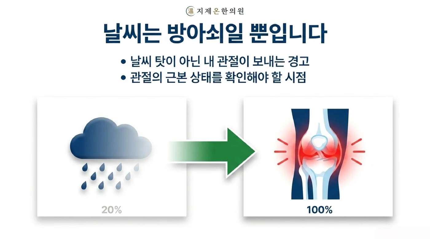 날씨는 통증의 방아쇠일 뿐이고 근본 원인은 관절 자체의 상태에 있다는 것을 보여주는 그림